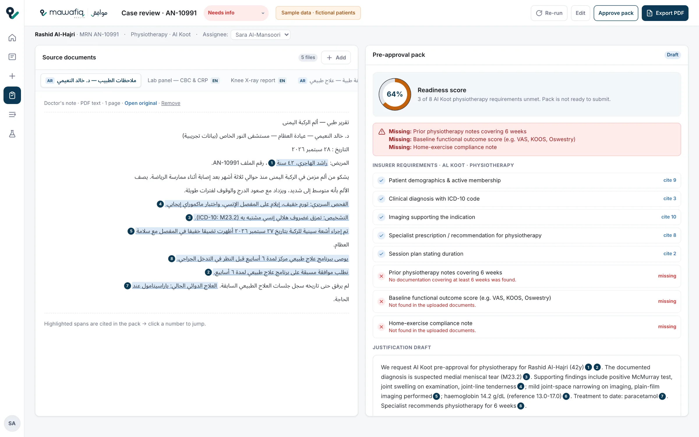 Mawafiq case review: an Arabic doctor's note with cited, highlighted spans beside the insurer checklist and a 64% readiness score